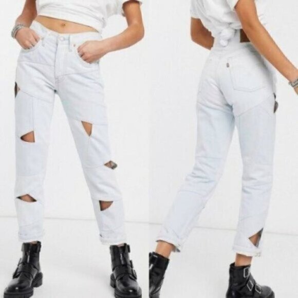 NWT Levis 501 Original Light Blue Wash Cutout Cropped Denim Jeans Size 26 - Picture 11 of 14
